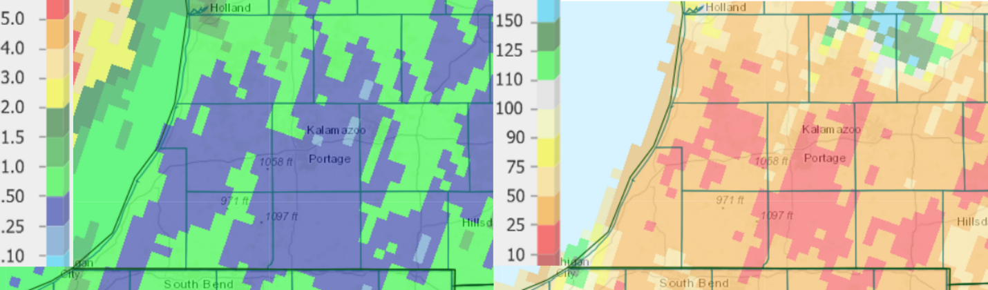 Precipitation totals from the past seven days (left) and percent of normal for the past 14 days (right) as of Sept. 14.